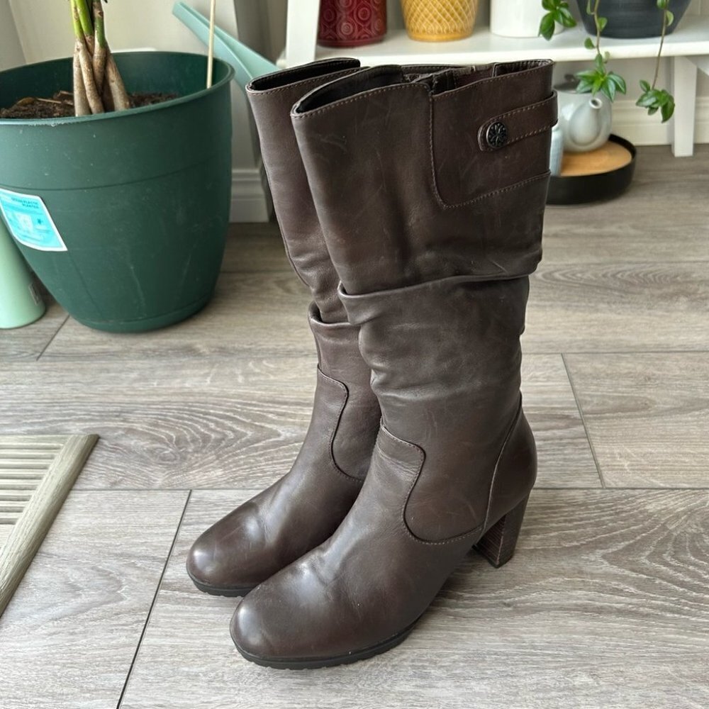 Blondo Rosaly Brown Leather Slouchy Heeled Mid Calf  Boots Aqua Protect